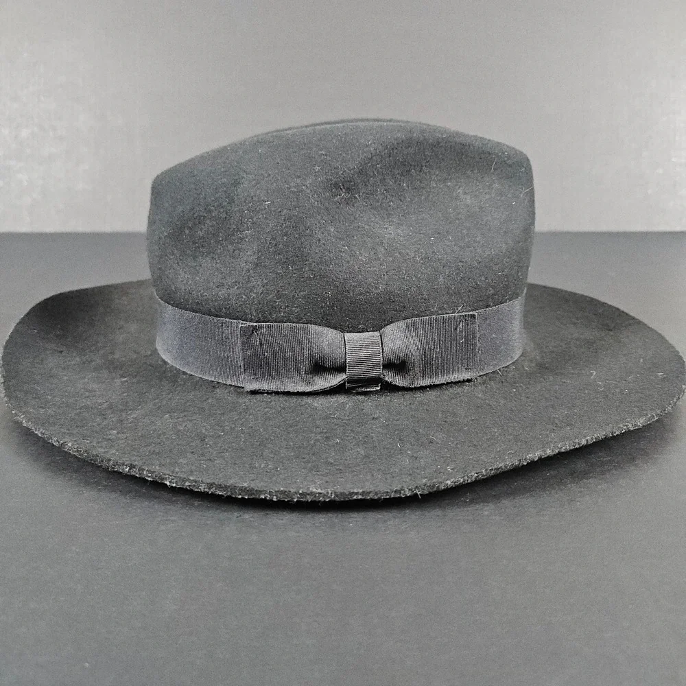 Lack of Color Black Wool Fedora Hat 57cm - 12 1/2 Inch Wide Brim Bow Detail WEAR